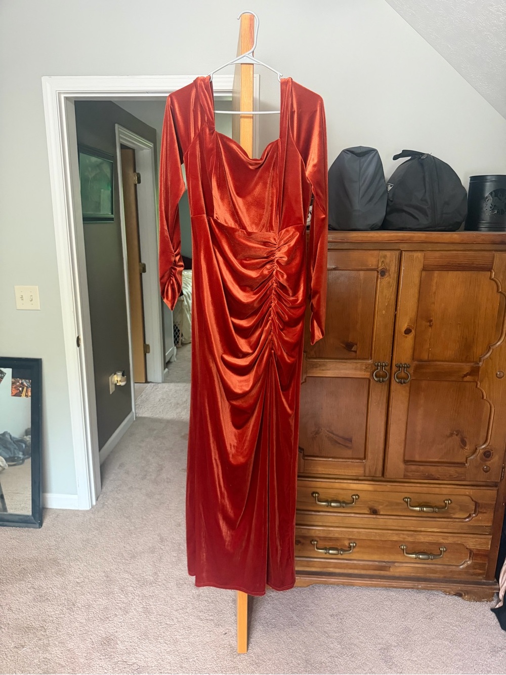 Birdy Grey Long Sleeve Red Velvet Ruched Maxi Dress